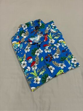 Smurfs Men’s Medium Blue Hawaiian Shirt Floral Button Up Papa Smurf Cartoon